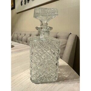 Vintage Clear Glass Decanter Diamond Cut Pattern Square Bottle Stopper 9”